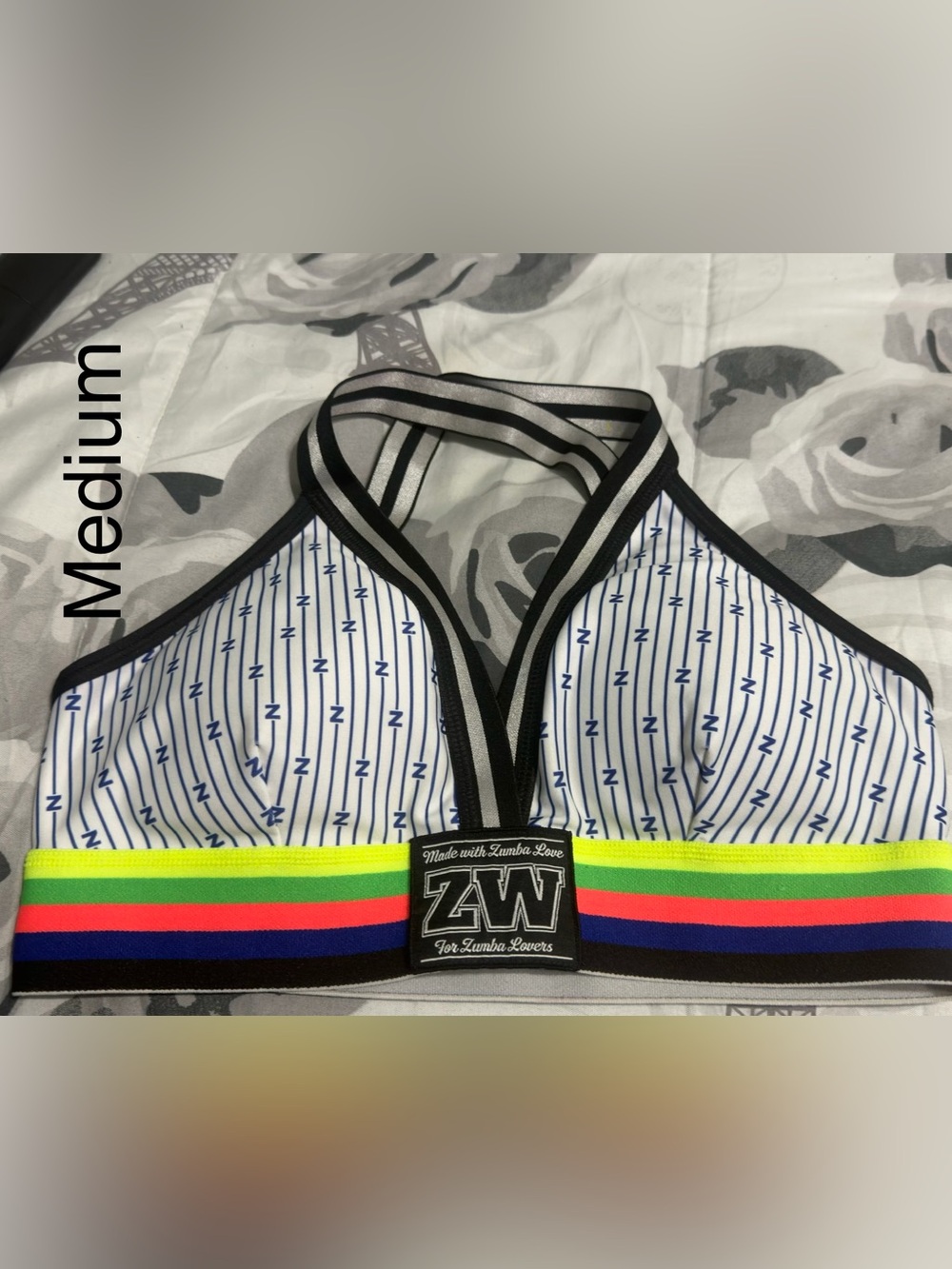 Zumba Fitness White Pinstriped Sports Bra with Rainbow Elastic Band